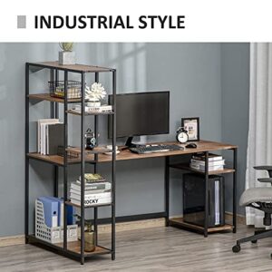 HOMCOM 67 Inch Home Office Computer Desk with Display Bookshelf, Industrial Writing Table with CPU Stand and Steel Frame, Black/Walnut
