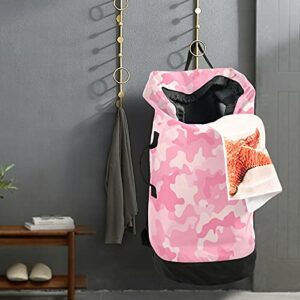 xigua Cute Pink Camo Laundry Bag Drawstring Closure Waterproof Durable Backpack Storage Basket Organization Dirty Clothes Bag Laundry Hamper with Shoulder Straps