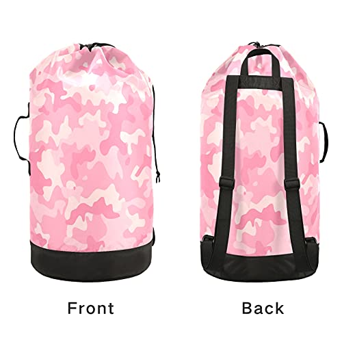 xigua Cute Pink Camo Laundry Bag Drawstring Closure Waterproof Durable Backpack Storage Basket Organization Dirty Clothes Bag Laundry Hamper with Shoulder Straps