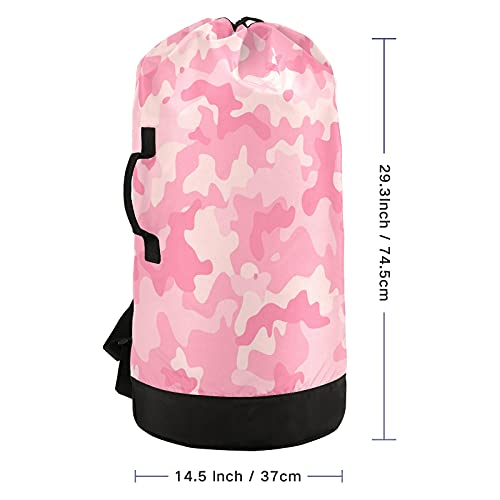 xigua Cute Pink Camo Laundry Bag Drawstring Closure Waterproof Durable Backpack Storage Basket Organization Dirty Clothes Bag Laundry Hamper with Shoulder Straps