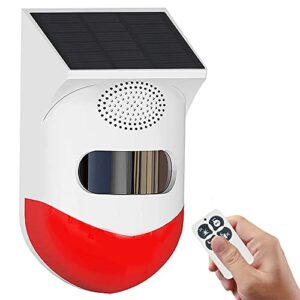 solar sound & strobe light alarm with motion detector and remote controller 120db sound security siren light ip67 waterproof 24 hours+4 mode for home, farm,barn,villa,yard,garden
