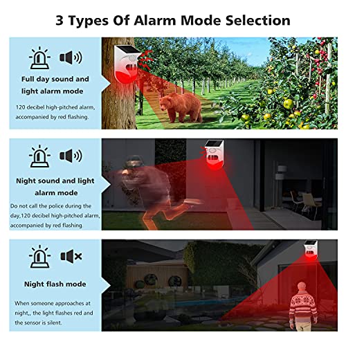 Solar Sound & Strobe Light Alarm with Motion Detector and Remote Controller 120db Sound Security Siren Light IP67 Waterproof 24 Hours+4 Mode for Home, Farm,Barn,Villa,Yard,Garden