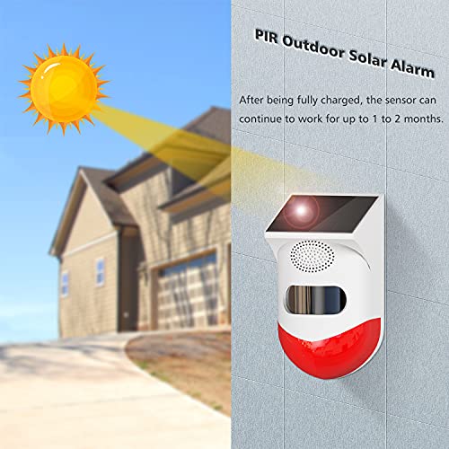 Solar Sound & Strobe Light Alarm with Motion Detector and Remote Controller 120db Sound Security Siren Light IP67 Waterproof 24 Hours+4 Mode for Home, Farm,Barn,Villa,Yard,Garden