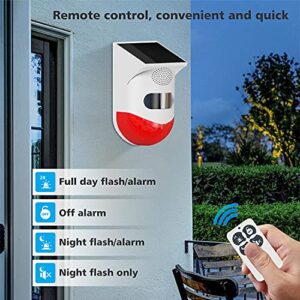 Solar Sound & Strobe Light Alarm with Motion Detector and Remote Controller 120db Sound Security Siren Light IP67 Waterproof 24 Hours+4 Mode for Home, Farm,Barn,Villa,Yard,Garden