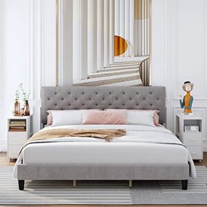 urkno king bed frame, upholstered platform bed frame with adjustable headboard, button tufted mattress foundation with sturdy wood slat support, no box spring required, easy assembly (grey, king)