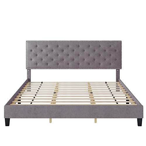 URKNO King Bed Frame, Upholstered Platform Bed Frame with Adjustable Headboard, Button Tufted Mattress Foundation with Sturdy Wood Slat Support, No Box Spring Required, Easy Assembly (Grey, King)