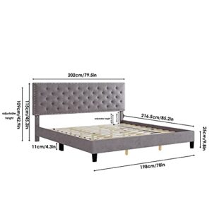 URKNO King Bed Frame, Upholstered Platform Bed Frame with Adjustable Headboard, Button Tufted Mattress Foundation with Sturdy Wood Slat Support, No Box Spring Required, Easy Assembly (Grey, King)