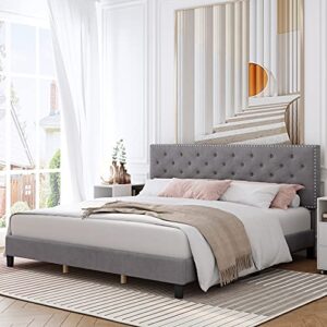 URKNO King Bed Frame, Upholstered Platform Bed Frame with Adjustable Headboard, Button Tufted Mattress Foundation with Sturdy Wood Slat Support, No Box Spring Required, Easy Assembly (Grey, King)