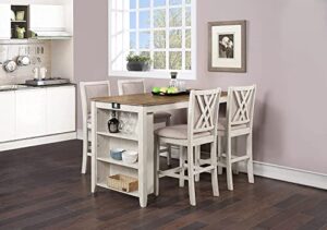 new classic furniture amy farmhouse kitchen counter island dining table for 4 with storage shelf & usb chargers, two tone vintage white/brown