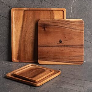 SiamMandalay Luxury Square Acacia Wood Nesting Plates/Trays/Charger (Set of 4): Wooden Serving Dishes for Platters & Desserts Kitchen Serveware or Dinner Party Gift