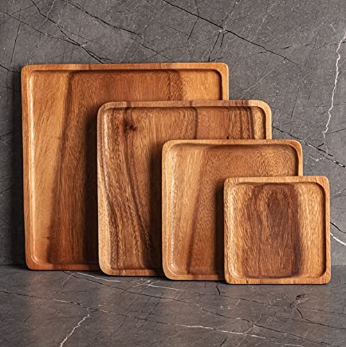 SiamMandalay Luxury Square Acacia Wood Nesting Plates/Trays/Charger (Set of 4): Wooden Serving Dishes for Platters & Desserts Kitchen Serveware or Dinner Party Gift