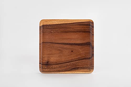 SiamMandalay Luxury Square Acacia Wood Nesting Plates/Trays/Charger (Set of 4): Wooden Serving Dishes for Platters & Desserts Kitchen Serveware or Dinner Party Gift