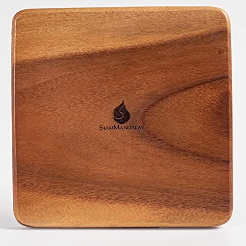 SiamMandalay Luxury Square Acacia Wood Nesting Plates/Trays/Charger (Set of 4): Wooden Serving Dishes for Platters & Desserts Kitchen Serveware or Dinner Party Gift