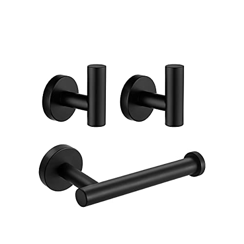 Matte Black Bathroom Hardware Set 3 Pieces SUS304 Stainless Steel Round Wall Mounted Set Including Toilet Paper Holder, Robe Towel Hooks,Bathroom Accessories Kit