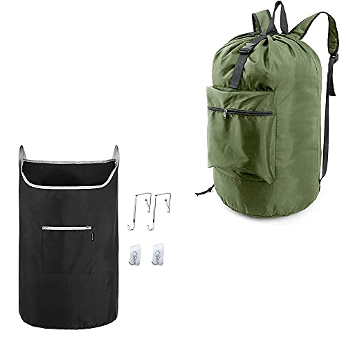 BeeGreen Moss Green Laundry Backpack Bag w Adjustable Shoulder Straps Black Hanging Laundry Hamper Bag X-Large Over The Door Hanging Laundry Bag with 2 Hook Types