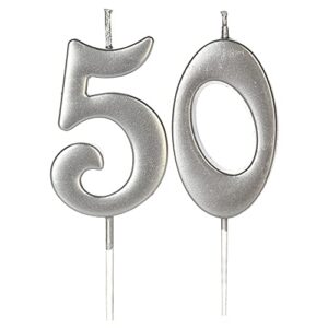 silver 50th birthday candles for cake, number 50 5 glitter candle party anniversary cakes decoration for kids women or men