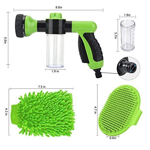 High Pressure Hose Spray Nozzle 8 Way Spray Pattern with 3.5oz/100cc Soap Dispenser Bottle Snow Foam Gun for Lawn, Clean Plants, Car Wash,Showering Pet,Garden Hose Nozzle,(Green)