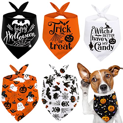 Whaline 6 Pack Halloween Dog Bandana Orange Black White Triangle Pet Bibs Scarf Happy Halloween Trick or Treat Pumpkin Ghost Skeleton Pet Bandana Set for Dogs Cats Costume Accessories Decoration