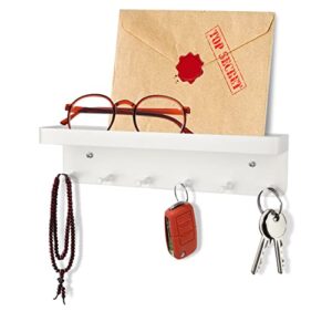 schangmy key holder for wall,self-adhesive white shelf with 6 hooks,wall mounted key rack and mail storage tray