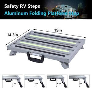 GarfatolRv Safety RV Steps,Large RV Step Stool Adjustable Aluminum Folding Platform Step with Non-Slip Rubber Feet and Luminous Tape Glow,Holds Up to 1500 lbs