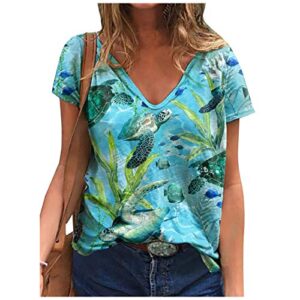 toeava womens short sleeve tops, womens summer loose t-shirts v-neck fashion boho sea turtle print tie dye blouse tops blue