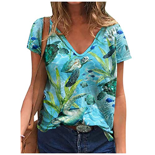 Toeava Womens Short Sleeve Tops, Womens Summer Loose T-Shirts V-Neck Fashion Boho Sea Turtle Print Tie Dye Blouse Tops Blue