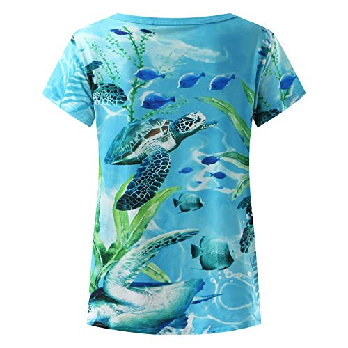 Toeava Womens Short Sleeve Tops, Womens Summer Loose T-Shirts V-Neck Fashion Boho Sea Turtle Print Tie Dye Blouse Tops Blue