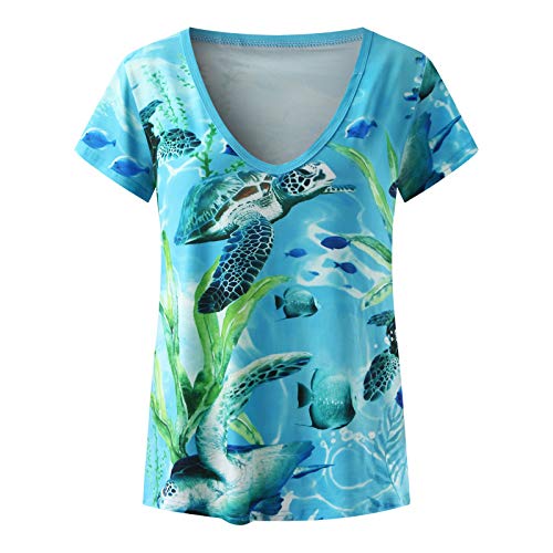 Toeava Womens Short Sleeve Tops, Womens Summer Loose T-Shirts V-Neck Fashion Boho Sea Turtle Print Tie Dye Blouse Tops Blue