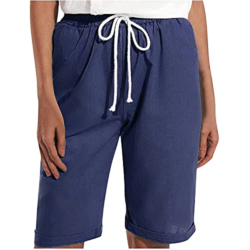 Knit Drawstring Bermuda Shorts for Women Soft Summer Knee Lenght Short Pants Loose Comfy Elastic Waist Jersey Shorts (Navy Blue,X-Large)