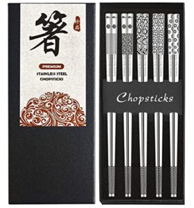 metal chopsticks stainless steel reusable chopsticks 18/8 cute laser engraved non-slip korean japanese chinese chopsticks,18/8 stainless steel dishwasher safe for cooking eating 9 1/4 inches 5 pairs