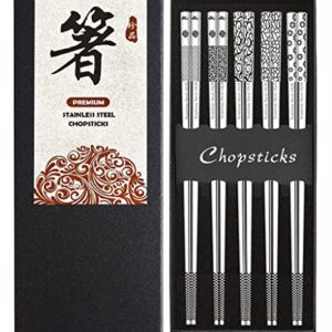 Metal Chopsticks Stainless Steel Reusable Chopsticks 18/8 Cute Laser Engraved Non-slip Korean Japanese Chinese Chopsticks,18/8 Stainless steel Dishwasher Safe for Cooking Eating 9 1/4 Inches 5 Pairs