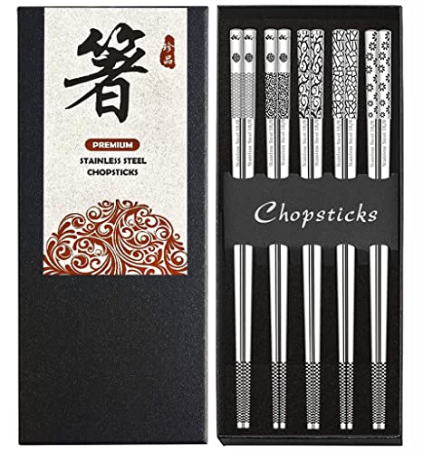 Metal Chopsticks Stainless Steel Reusable Chopsticks 18/8 Cute Laser Engraved Non-slip Korean Japanese Chinese Chopsticks,18/8 Stainless steel Dishwasher Safe for Cooking Eating 9 1/4 Inches 5 Pairs