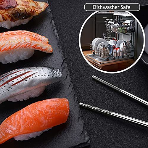 Metal Chopsticks Stainless Steel Reusable Chopsticks 18/8 Cute Laser Engraved Non-slip Korean Japanese Chinese Chopsticks,18/8 Stainless steel Dishwasher Safe for Cooking Eating 9 1/4 Inches 5 Pairs