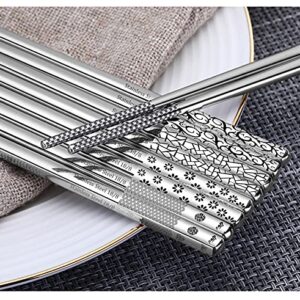 Metal Chopsticks Stainless Steel Reusable Chopsticks 18/8 Cute Laser Engraved Non-slip Korean Japanese Chinese Chopsticks,18/8 Stainless steel Dishwasher Safe for Cooking Eating 9 1/4 Inches 5 Pairs