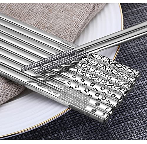 Metal Chopsticks Stainless Steel Reusable Chopsticks 18/8 Cute Laser Engraved Non-slip Korean Japanese Chinese Chopsticks,18/8 Stainless steel Dishwasher Safe for Cooking Eating 9 1/4 Inches 5 Pairs