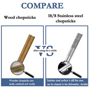 Metal Chopsticks Stainless Steel Reusable Chopsticks 18/8 Cute Laser Engraved Non-slip Korean Japanese Chinese Chopsticks,18/8 Stainless steel Dishwasher Safe for Cooking Eating 9 1/4 Inches 5 Pairs