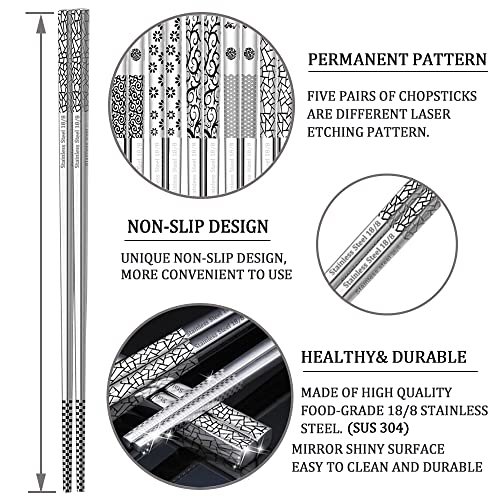 Metal Chopsticks Stainless Steel Reusable Chopsticks 18/8 Cute Laser Engraved Non-slip Korean Japanese Chinese Chopsticks,18/8 Stainless steel Dishwasher Safe for Cooking Eating 9 1/4 Inches 5 Pairs