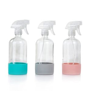 hombys empty clear glass spray bottles with silicone sleeve protection - refillable 17 oz containers for cleaning solutions, essential oils, misting plants - quality sprayer - 3 pack