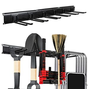 wall mount tool storage rack, home garden garage tool organizer wall mount shovel holder with 6 removable hooks and 3 board, heavy duty steel tool hanger rack max load 300lb