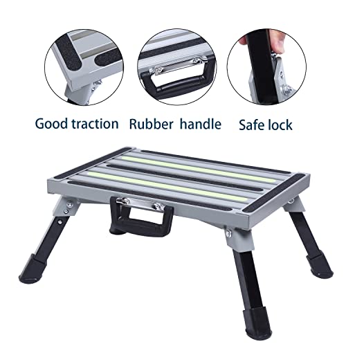 GarfatolRv Safety RV Steps Aluminum Folding Platform Step with Night Self Luminous Tape Non-Slip Rubber Feet and Handles RV Step Stool Holds Up to 1000 lbs