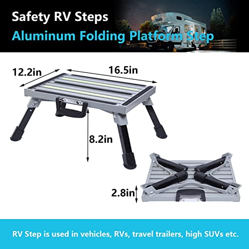 GarfatolRv Safety RV Steps Aluminum Folding Platform Step with Night Self Luminous Tape Non-Slip Rubber Feet and Handles RV Step Stool Holds Up to 1000 lbs