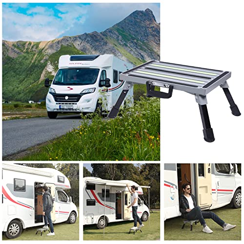 GarfatolRv Safety RV Steps Aluminum Folding Platform Step with Night Self Luminous Tape Non-Slip Rubber Feet and Handles RV Step Stool Holds Up to 1000 lbs