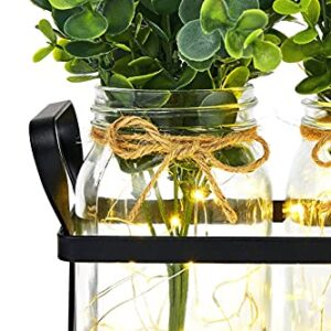 Dahey Lights Mason Jar Centerpiece Table Centerpieces for Dining Room Farmhouse Kitchen Decor Rustic Metal Tray with 3 Artificial Plant Table Decorations for Coffee Dining Living Kitchen Room