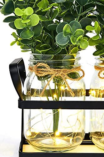 Dahey Lights Mason Jar Centerpiece Table Centerpieces for Dining Room Farmhouse Kitchen Decor Rustic Metal Tray with 3 Artificial Plant Table Decorations for Coffee Dining Living Kitchen Room