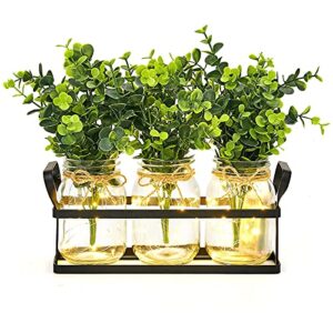 Dahey Lights Mason Jar Centerpiece Table Centerpieces for Dining Room Farmhouse Kitchen Decor Rustic Metal Tray with 3 Artificial Plant Table Decorations for Coffee Dining Living Kitchen Room