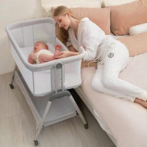 angelbliss baby bassinet bedside sleeper, easy folding portable bassinet for baby with wheels, adjustable height, included mattress