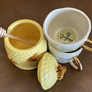 heart & home Ceramic Honey Jar with Dipper 14 oz, Honey Pot with Lid and Wood Dipper, Yellow