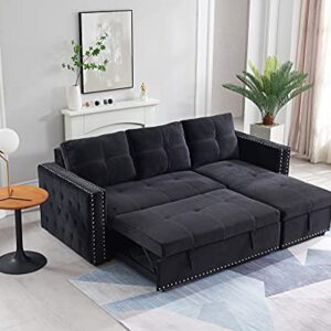 Tmosi Couch with Pull Out Bed, Sleeper Sectional L Shaped Velvet Sofa, 2 Seats Sofa with Reversible Storage Chaise, for Living Room Furniture Set (Black)