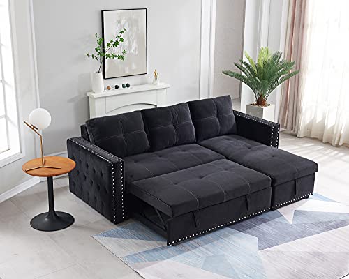 Tmosi Couch with Pull Out Bed, Sleeper Sectional L Shaped Velvet Sofa, 2 Seats Sofa with Reversible Storage Chaise, for Living Room Furniture Set (Black)