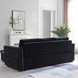 Tmosi Couch with Pull Out Bed, Sleeper Sectional L Shaped Velvet Sofa, 2 Seats Sofa with Reversible Storage Chaise, for Living Room Furniture Set (Black)